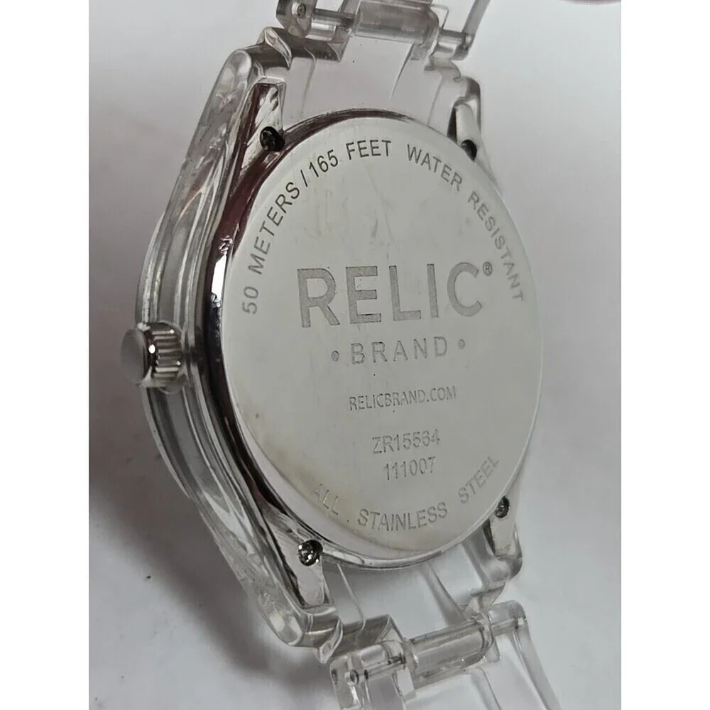 Relic Watch Women 38mm Pave Silver Tone White MOP Dial ZR11904 New Battery